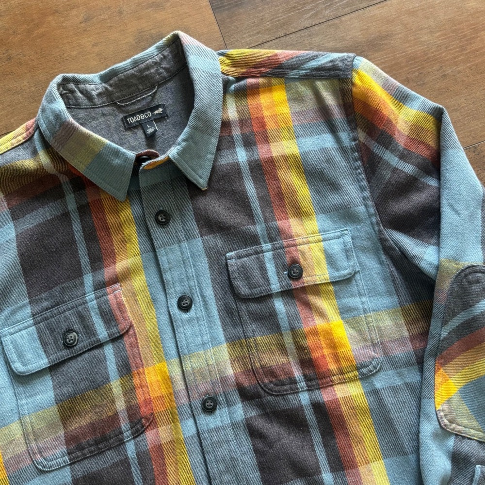 Toad&Co Ranchero Blue Yellow Plaid Flannel Long Sleeve Top Shirt Men's Large